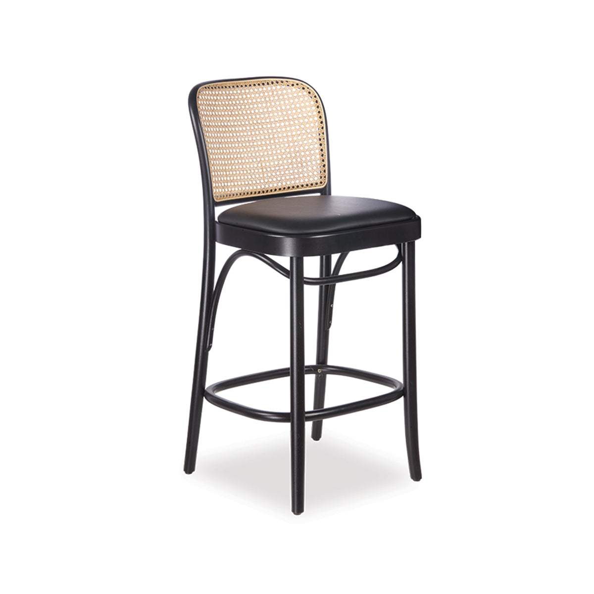 811 Hoffmann Bar Stool - Upholstered Seat/Cane Backrest (Black Stain).