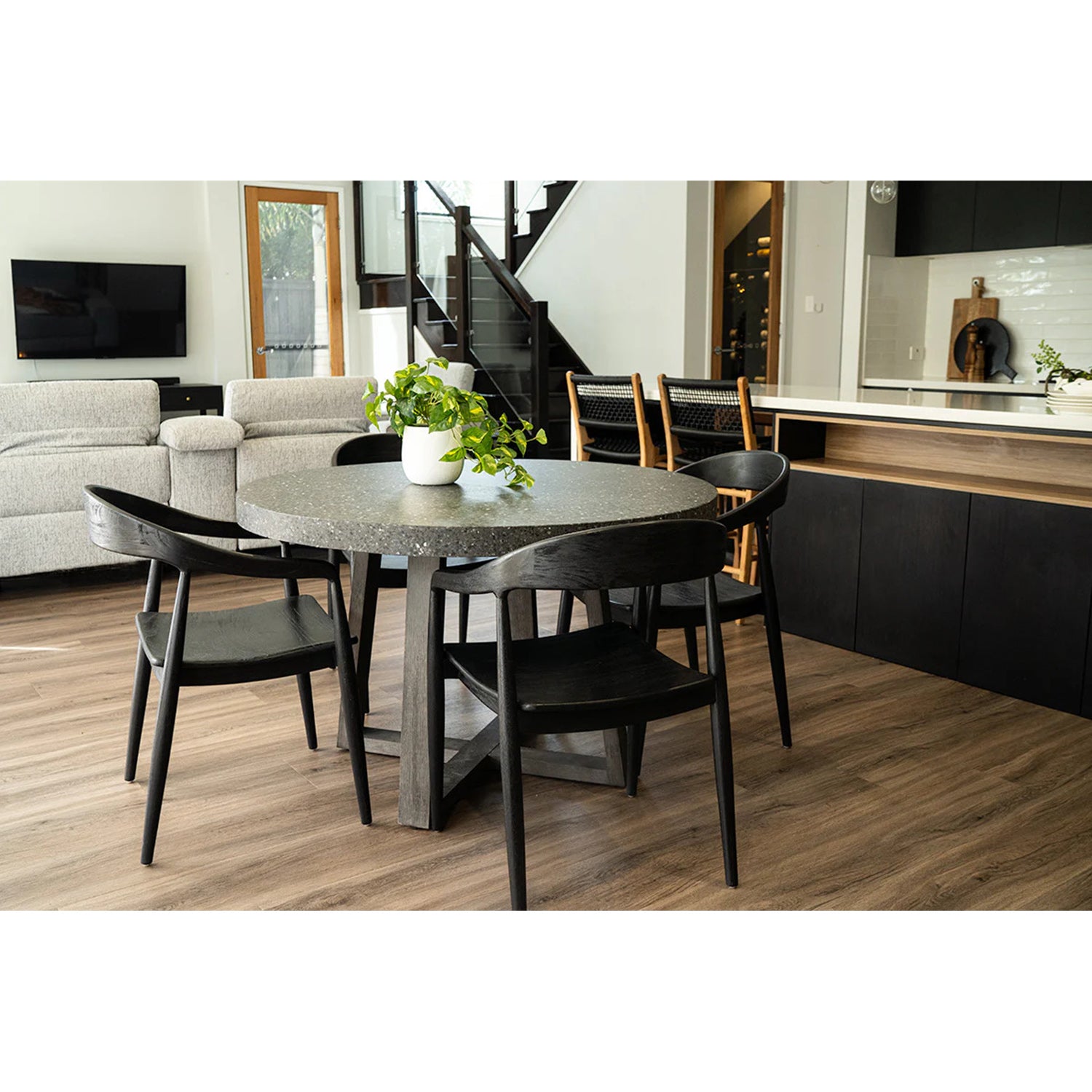 eTerrazzo Round Dining Table (Apollo Black with Wide Ebony Acacia Wood Legs)