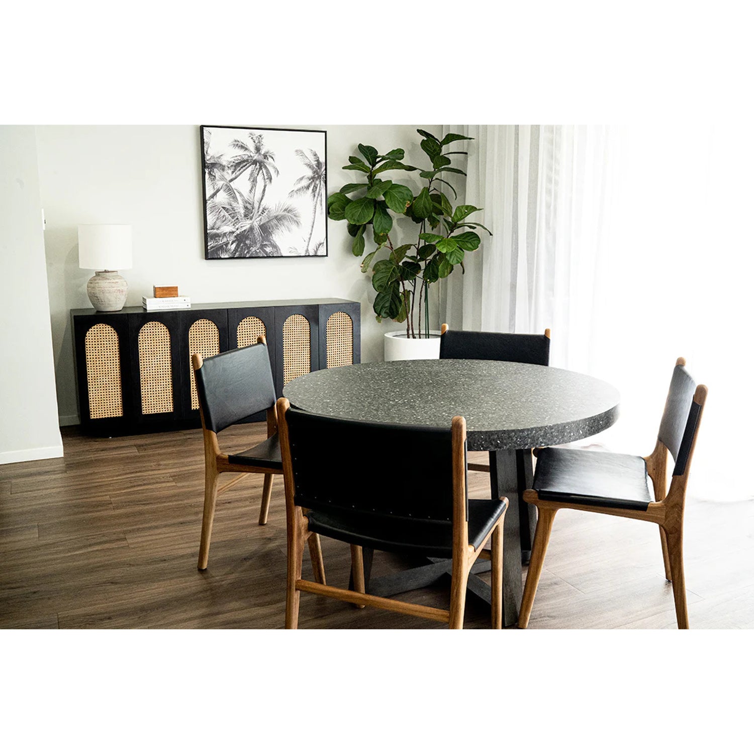 eTerrazzo Round Dining Table (Apollo Black with Wide Ebony Acacia Wood Legs)