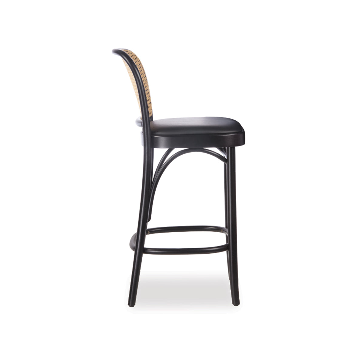 811 Hoffmann Bar Stool - Upholstered Seat/Cane Backrest (Black Stain).