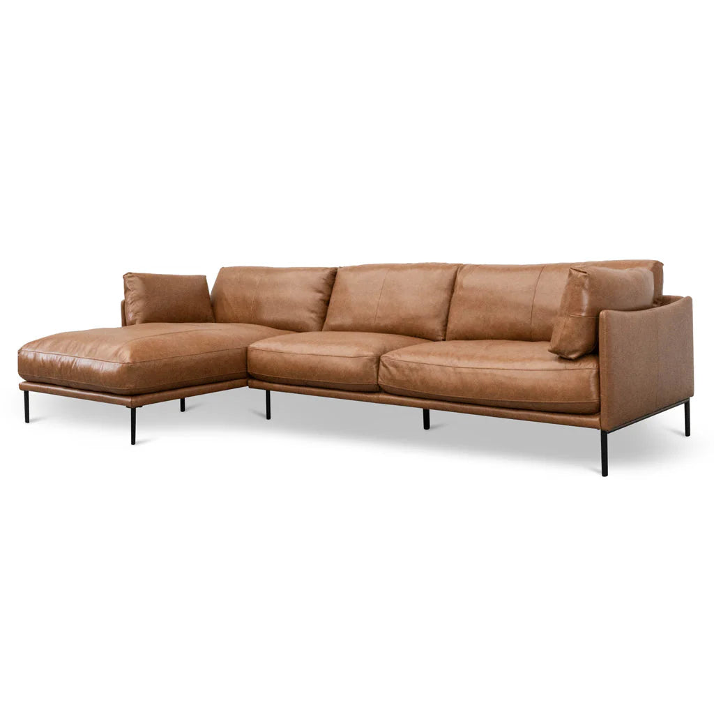 Emilis 4 Seater Left Chaise Leather Sofa - Caramel Brown